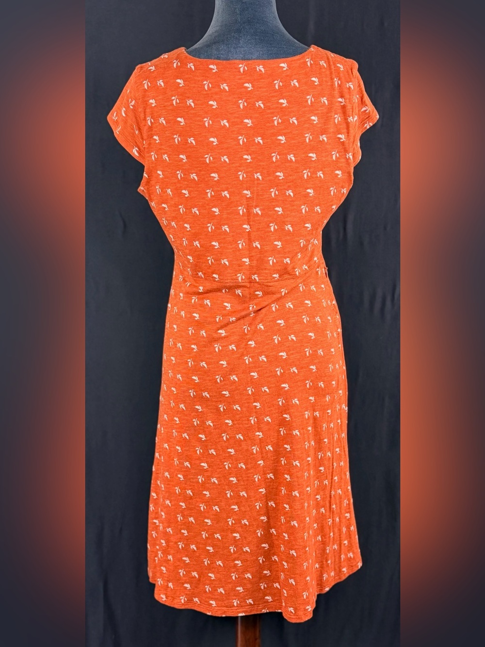 Toad&Co Orange V-Neck Midi Dress with White Leaf Print Tencel Organic cotton - Picture 5 of 12